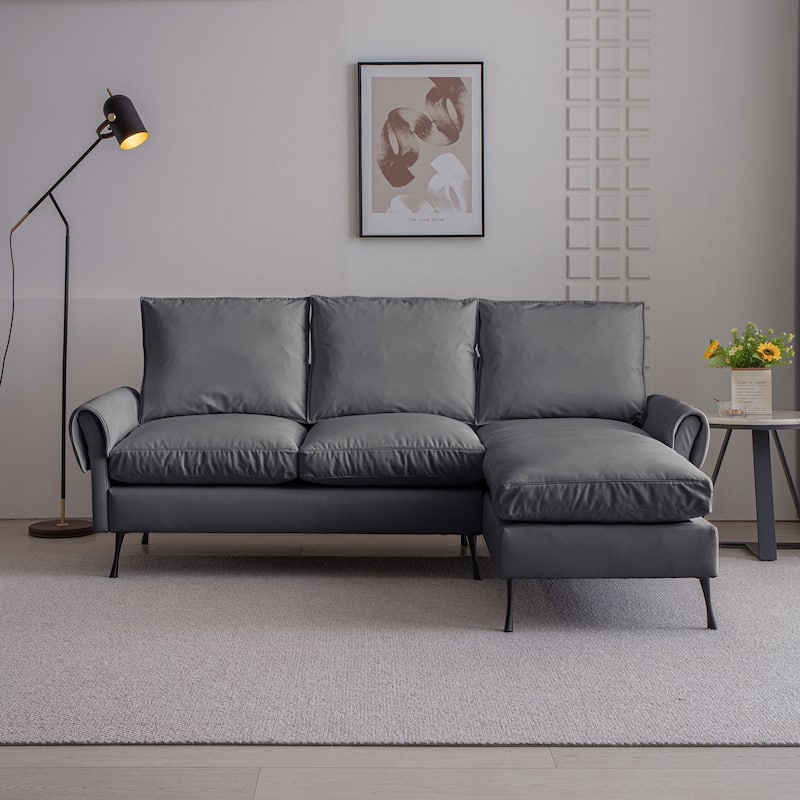 Contemporary Technical Leather L-Shaped Sofa Couch, Reversible Chaise Lounge, Dark Gray