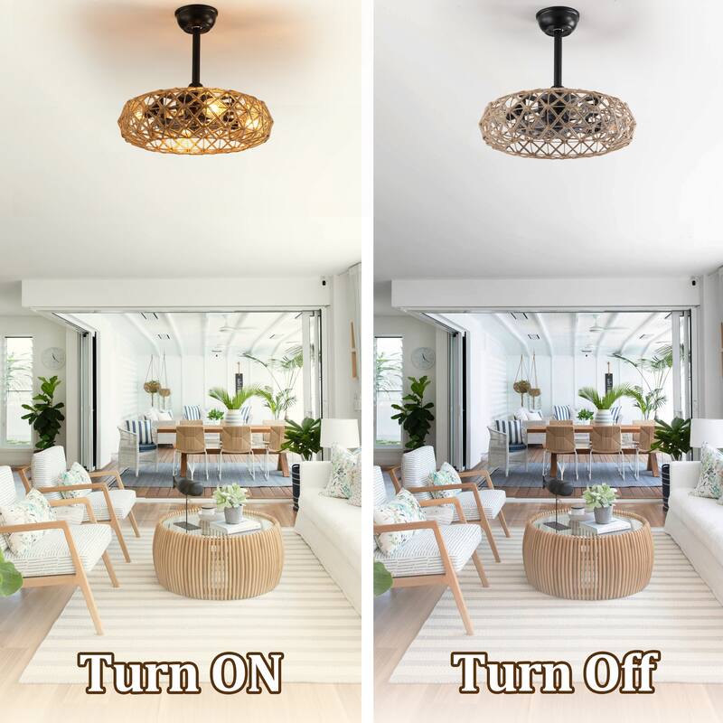 19" Hemp Rope Woven Ceiling Fan with 4 bulbs, Dimmable, 7 Blades, Reversible DC motor