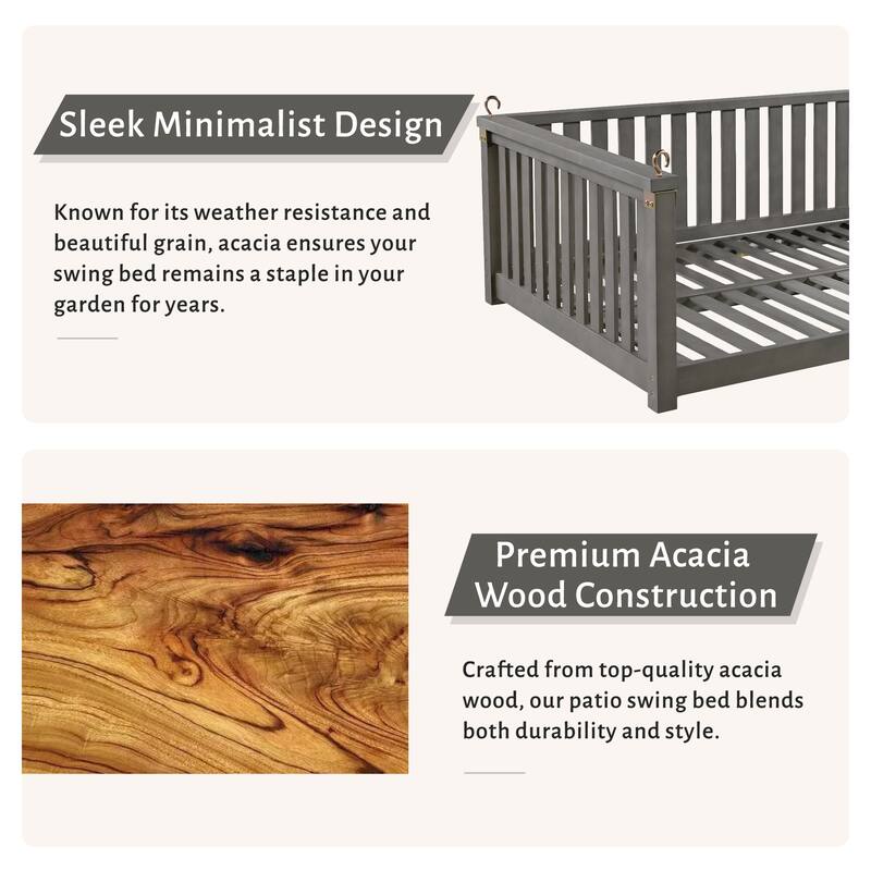 Acacia Wood Twin Size Patio Swing Bed, Outdoor Porch Hanging Bed with Safe Sloped Design and Hemp Ropes for Garden or Backyard