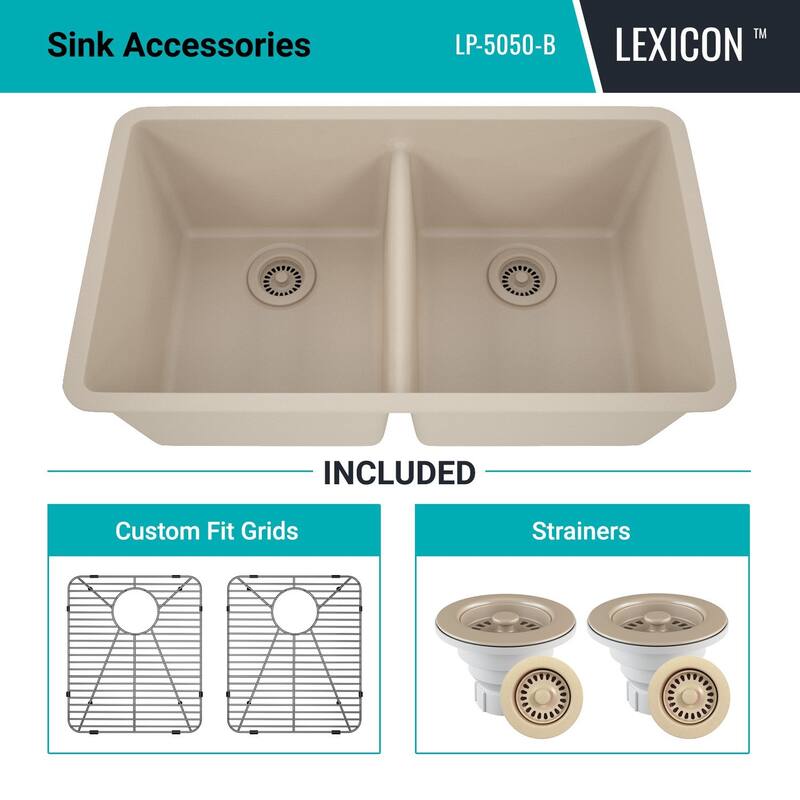 Lexicon Platinum 32" Quartz 50/50 Double Bowl Sink with Grids & Drain