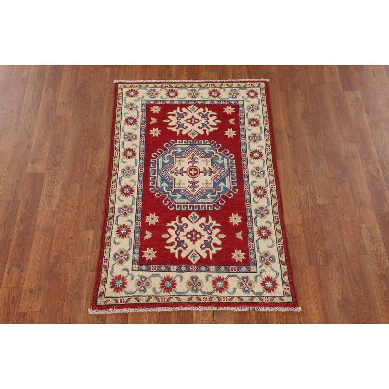 Geometric Red Kazak Rug Handmade Wool Carpet - 2'8" x 4'1"