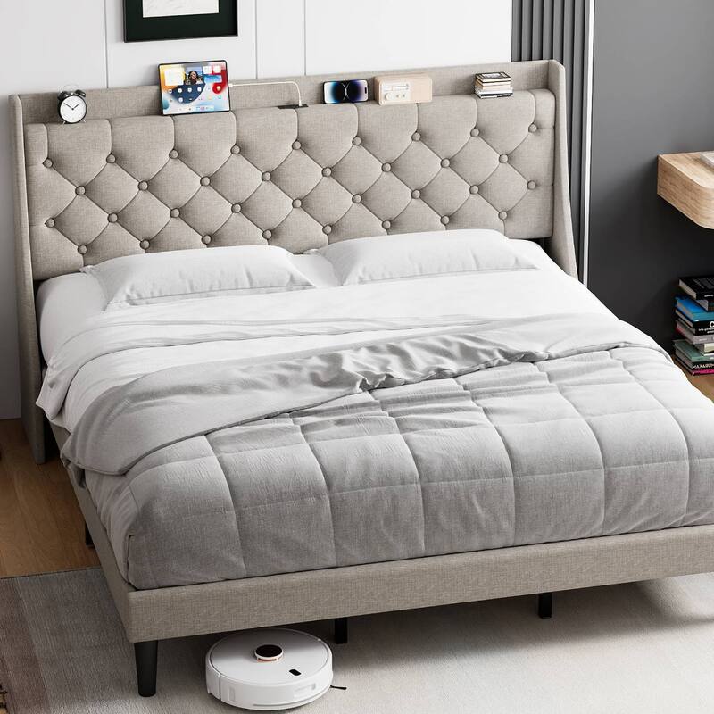 Upholstered Bed Frame with Charging Ports & Storage Shelf
