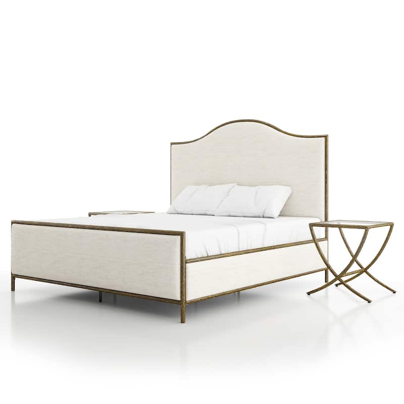 247 Shop At Home Lalia Modern 3-Piece Upholstered Hammered Metal Camelback Bedroom Set with 2 Nightstands - Matte Gold - King