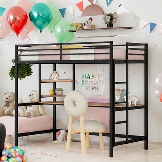 Twin Size Metal Modern Loft Bed With Desk and Shelve,Solid Construction