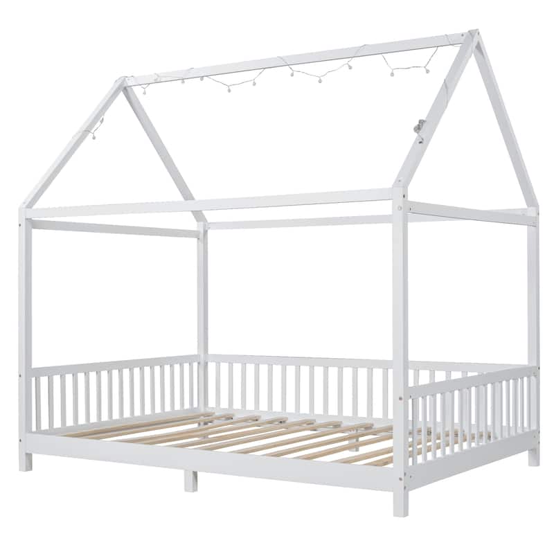 Solid Wood House Bed with Guardrail, LED, and Roof
