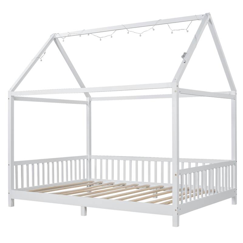 Solid Wood House Bed with Guardrail, LED and Roof for Kids, Boys and Girls