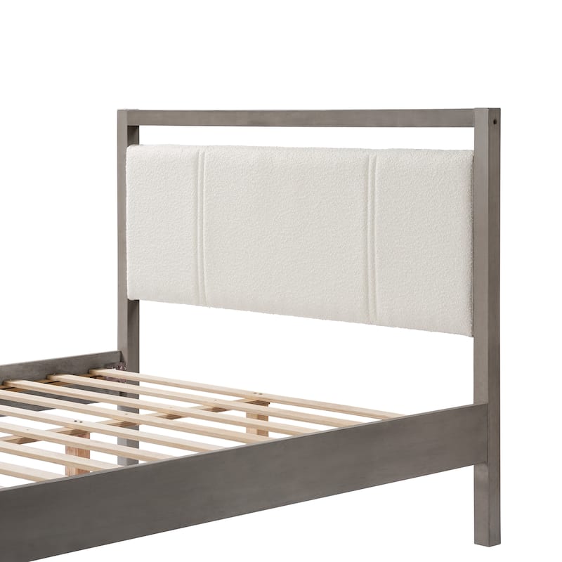 Queen Bed with Ivory Boucle Fabric Headboard, Wood Frame