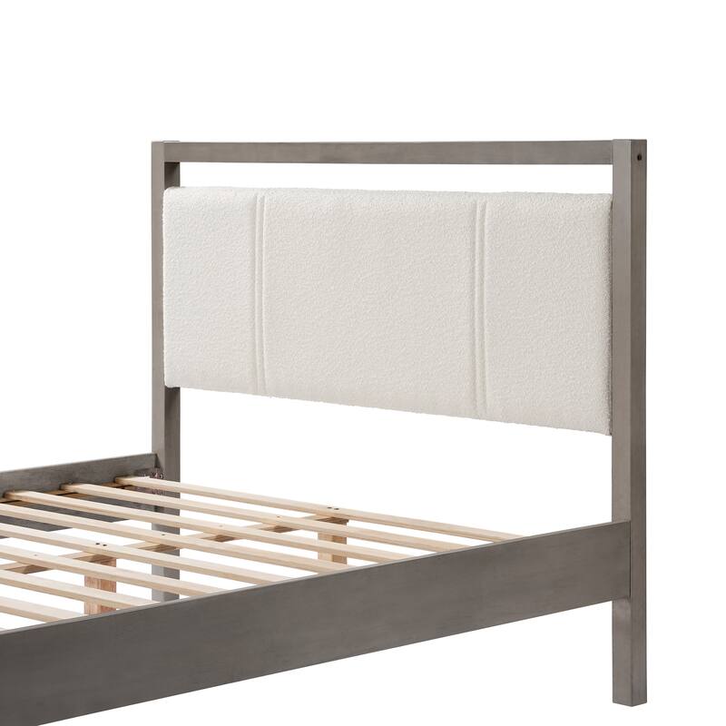 Queen Platform Bed with Ivory Boucle Headboard and Light Grey Wood Frame