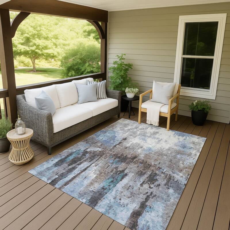 Machine Washable Indoor/ Outdoor Abstract Modern Chantille Rug - Blue - 9' x 12'
