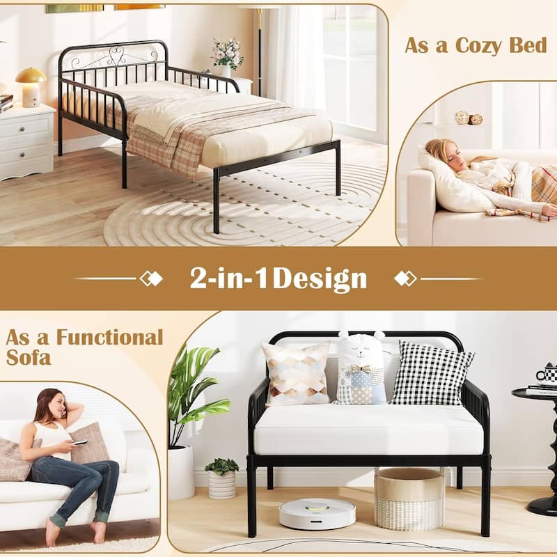 Metal Twin Bed Frame Convertible Sofa Bed w/ Headboard & Armrests
