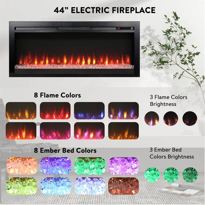 44" Wall Recessed Electric Fireplace with Remote and Multi Color Flame