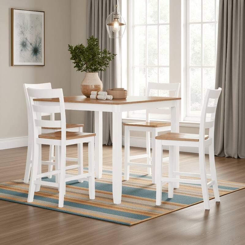 Gasy Counter Height Dining Table Set, 4 Ladderback Chairs, White Brown