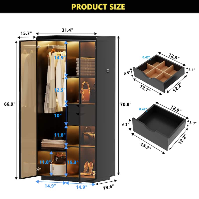 2-Door Wardrobe Armoire with LED Lights