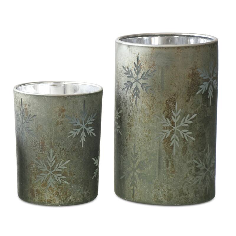 Snowflake Mercury Glass Christmas Candle Holders - 7" - Set of 2