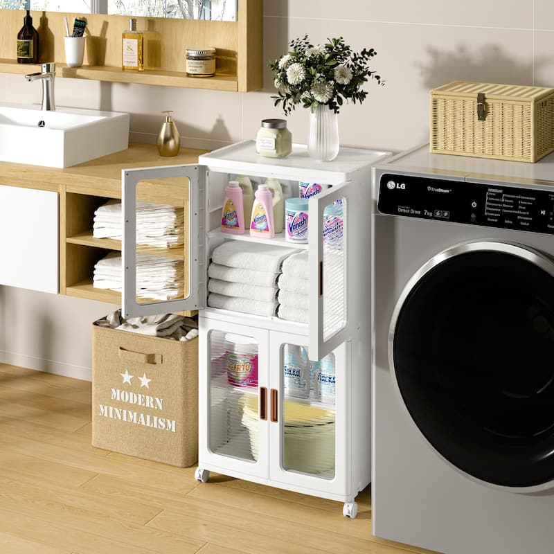 Javlergo 2-Tier White Rolling Storage Cabinet with Adjustable Shelves Locking Wheels & Transparent Doors Freestanding Organizer