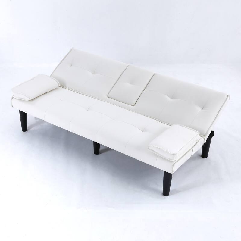 Convertible Loveseat Couch Adjustable Faux Leather Sleeper Sofa Bed with Coffee Table, Cup Holders and Removable Pillow Armrests