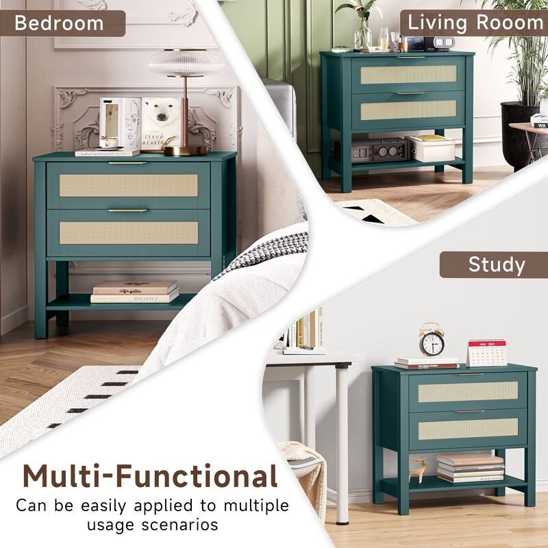Rattan Nightstand with 2 Drawers and Storage Shelf Boho Bedside Narrow Side Table for Bedroom