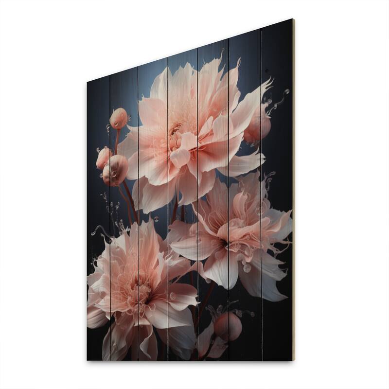 Designart "Pink Black Flowers Muted Peonies Black" Floral Print on Natural Pine Wood