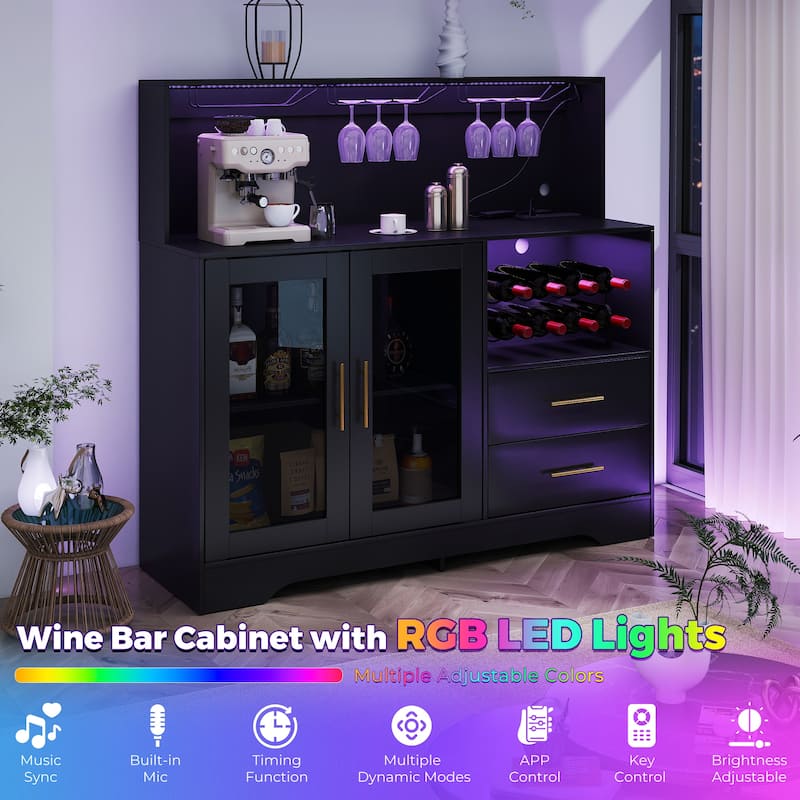 EROMMY Farmhouse Coffee Bar Cabinet with LED Lights, Sliding Barn Door, Wine Racks and Glass Holder, Home Liquor Cabinet