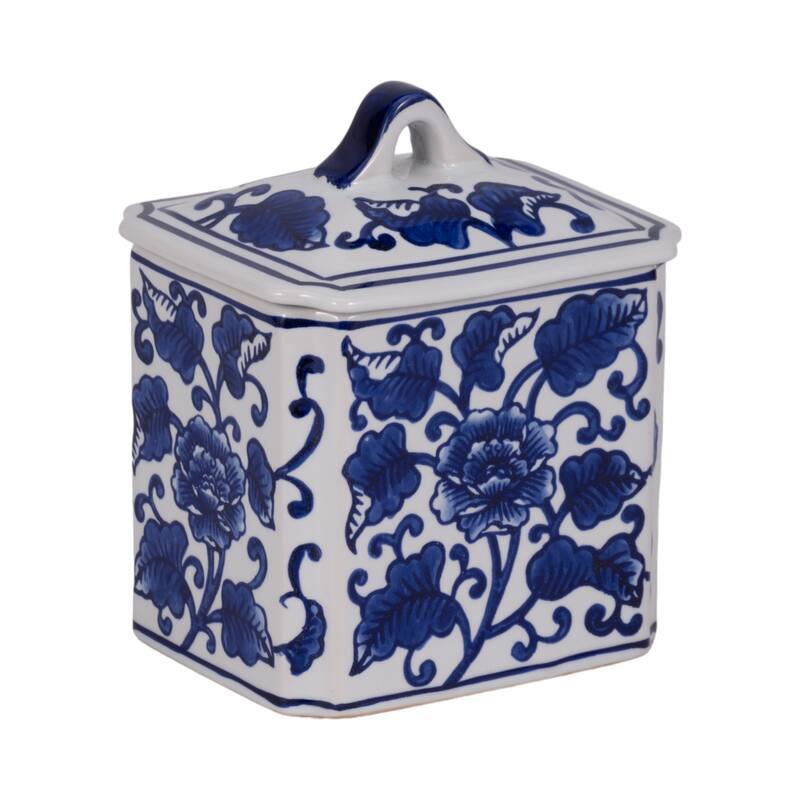 Sagebrook Home Ceramic Candle - 6" Blue/White Chinoiserie with Lid, 13 oz - 5" x 4" x 6"