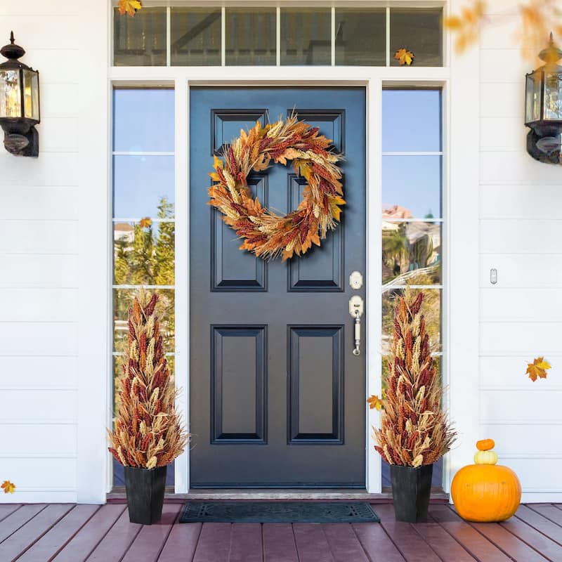 Glitzhome 38"H Farmhouse Fall Harvest Red Sorghum Floral Porch Trees - 2PK