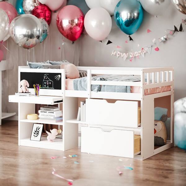 slide 2 of 51, Stylish & Simple Twin Size Low Loft Bed with Rolling Desk, Shelf and Drawers, Solid Construction & Versatility galore, White White