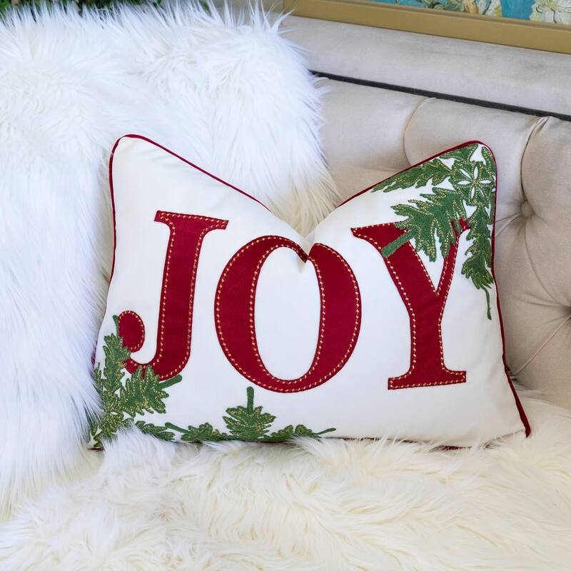 JOY Embroidered Christmas Throw Pillow - 14x20" Velvet Lumbar Cushion in Red and White with Green Holiday Accents