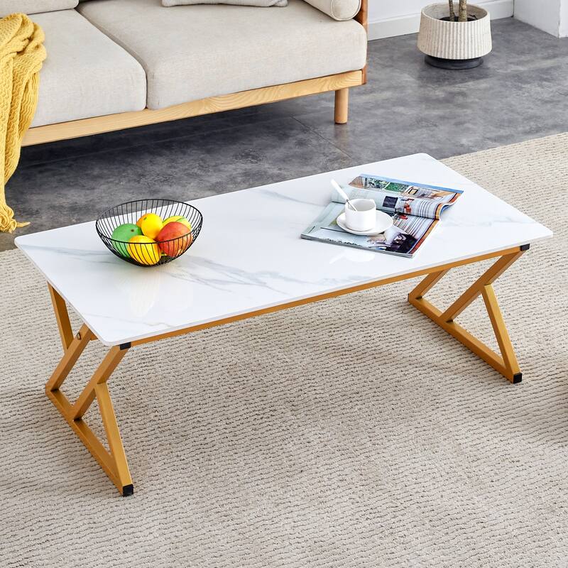 47" Modern Rectangular Coffee Table with Sintered Stone Tabletop and X-shaped Metal Legs - White+Gold