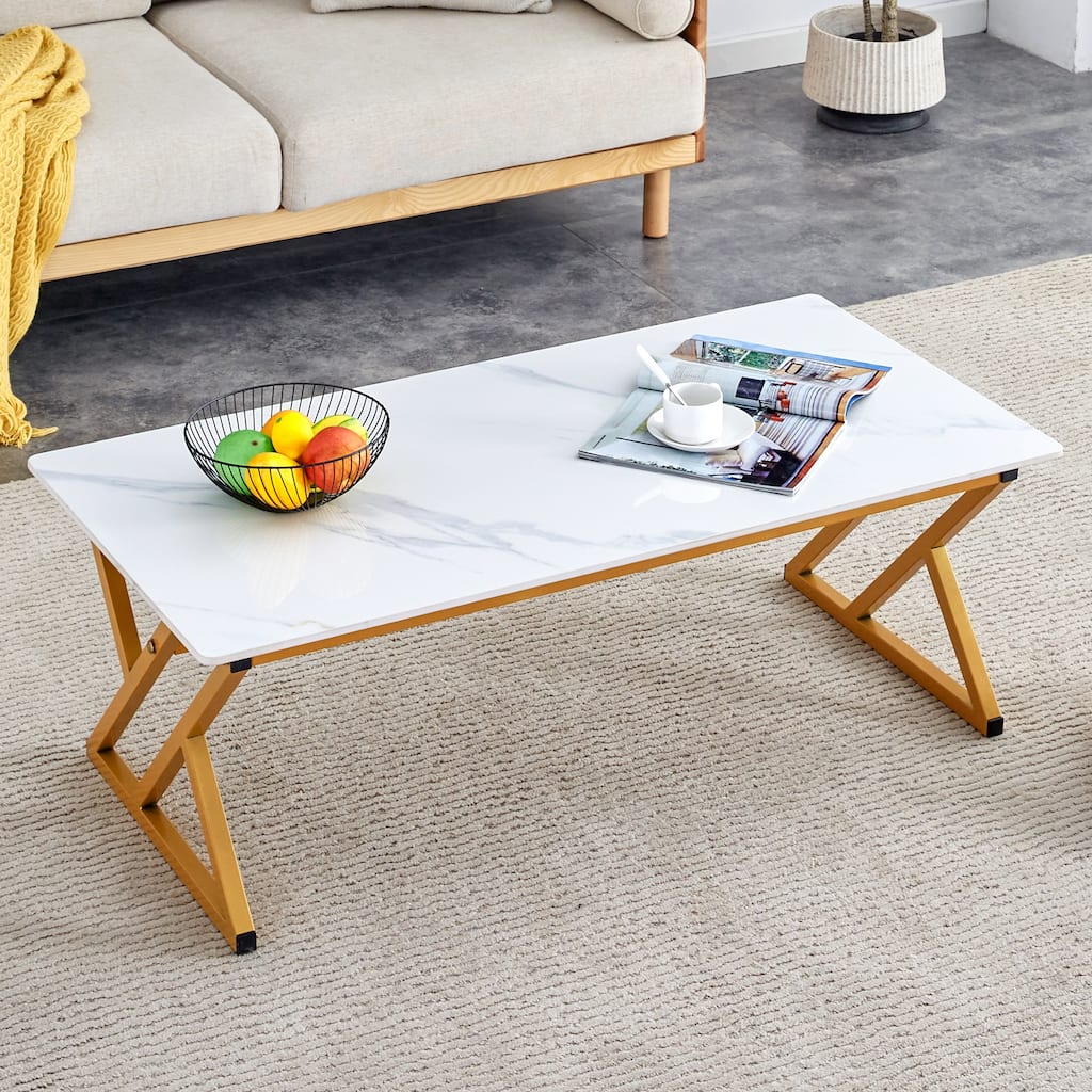 Roomfitters Rock Slab Coffee Table with Gold Metal Legs, Smooth Marble Surface for Modern Living Spaces