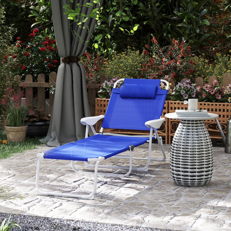 Foldable Adjustable Chaise Lounge Chair with Pillow and Armrests Portable Mesh Sun Lounger for Patio Poolside and Backyard