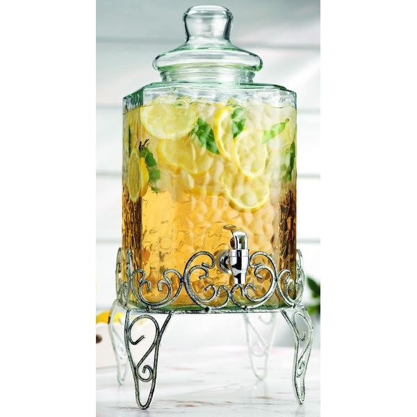 Palais Glassware Hammered Glass beverage Dispenser - 2.25 Gallon, with Glass Lid and Antique White Metal Stand