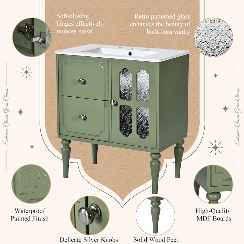 Freestanding 30" Retro Green Bathroom Vanity with Ceramic Sink, Solid Wood Frame & 2 Drawers