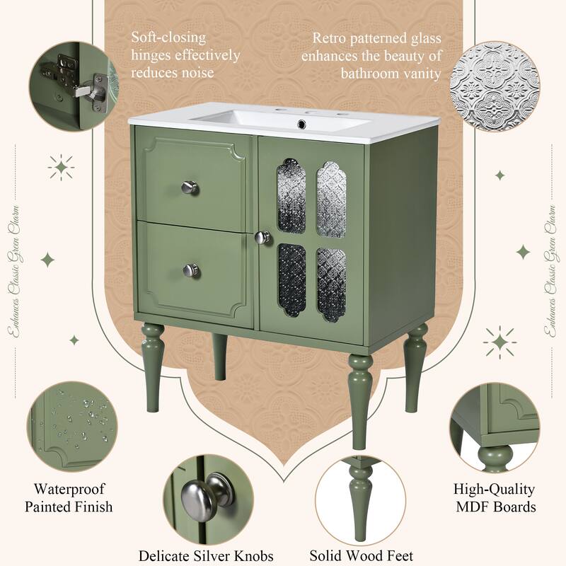 Vintage 30-Inch Freestanding Vanity Set – Ceramic Basin & Solid Wood Storage Cabinet