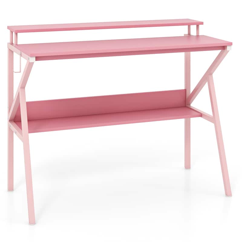 39 Inch Computer Desk with Monitor Shelf and Storage Small Home Office Gaming Table - Pink