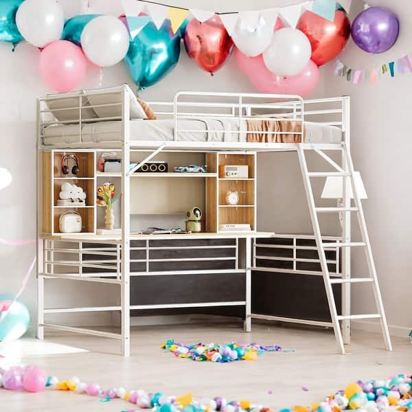 slide 2 of 9, Full Size Loft Bed With Desk And Storage Shelves And Ladder for Home White