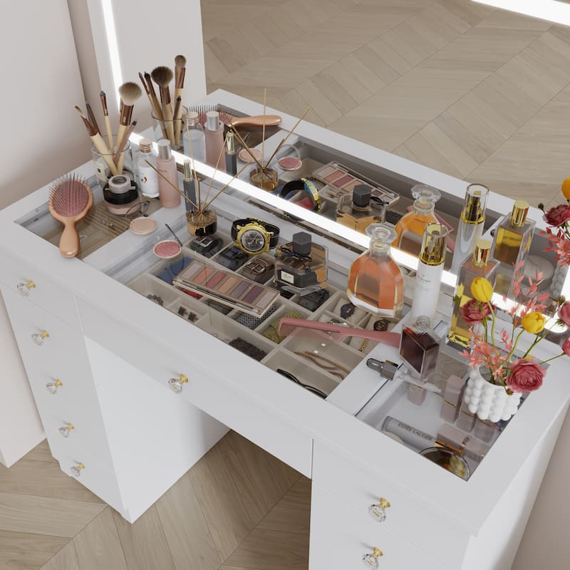White Vanity Desk with Large LED Lighted Mirror & Glass Tabletop, Makeup Table with 11 Drawers