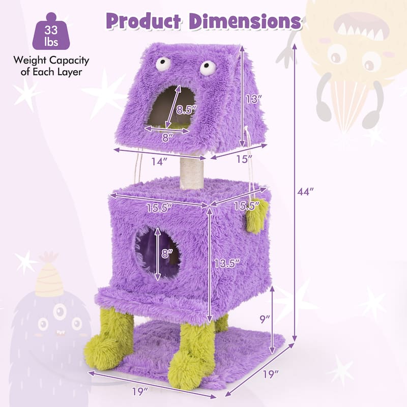 Cute Monster-Themed Cat Tower with 2 Comfortable Cat Condos and Plush Dangling Toys - 19" x 19" x 44"
