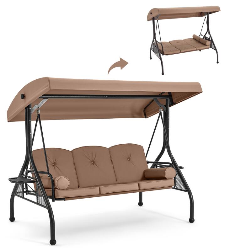 3-Seat Outdoor Porch Swing with Adjustable Canopy & Stand, Convertible Bed, All-Weather, Thickened Cushions & Cup Holders