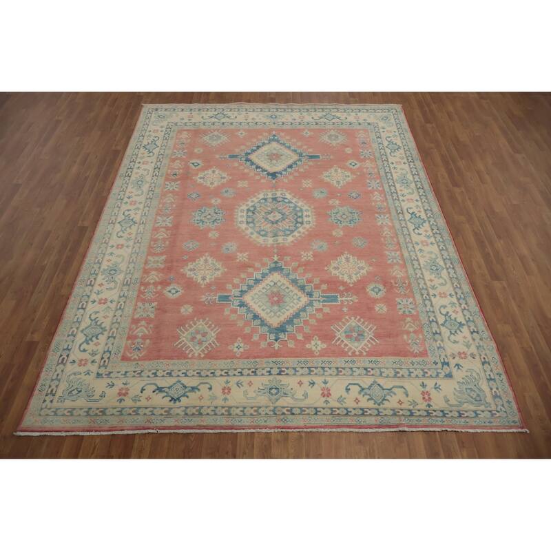 Hand Knotted Oriental 100% Wool Carpet Traditional Geometric Pink Kazak Area Rug - 10' 11'' X 8' 4''