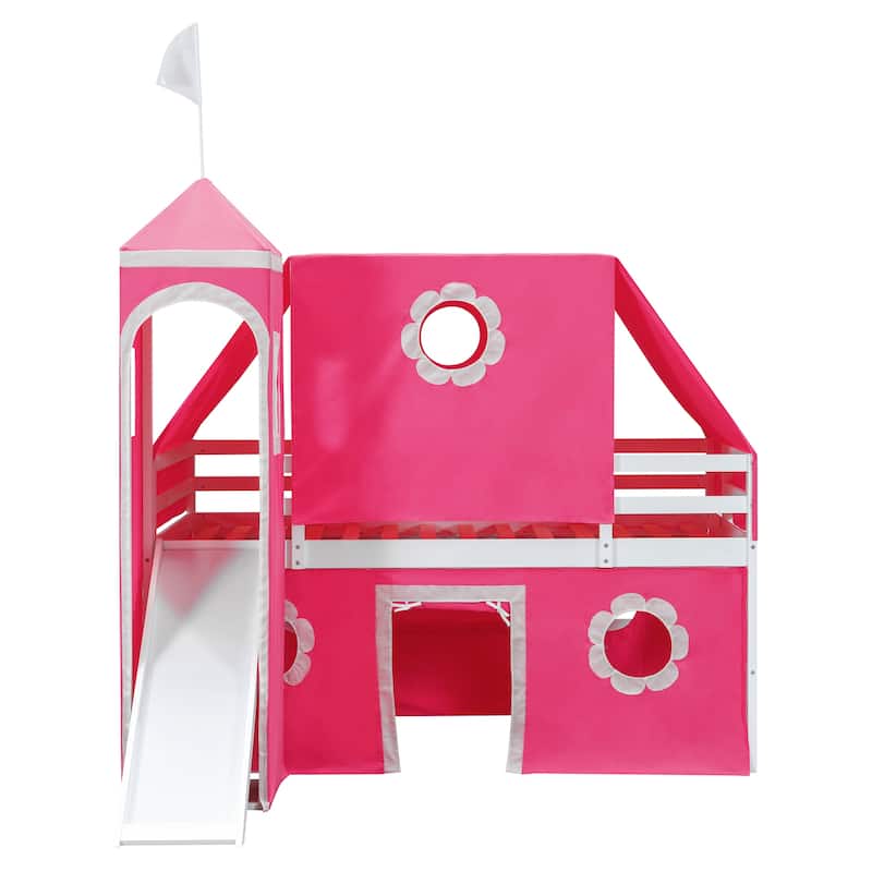 Castle Loft Bed Twin Size Playhouse Semi-closed Canopy Bed with Underbed Tent, Slide and Tower and Flower-shaped Windows