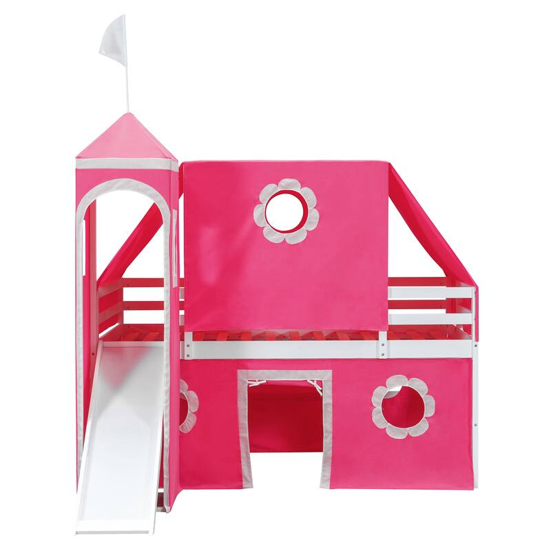Pink Twin Loft Bed with Slide, Tent, and Tower for Kids