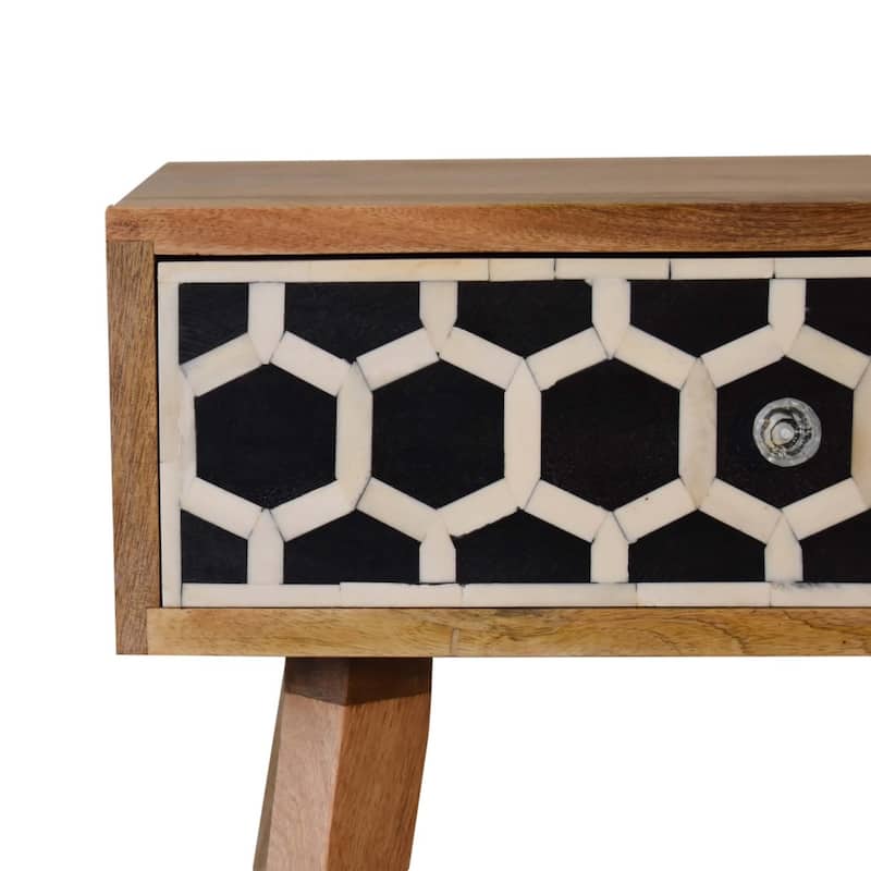 HomeRoots 22" Black White And Brown Solid Wood Geometric Bone Inlay One Drawer Nightstand