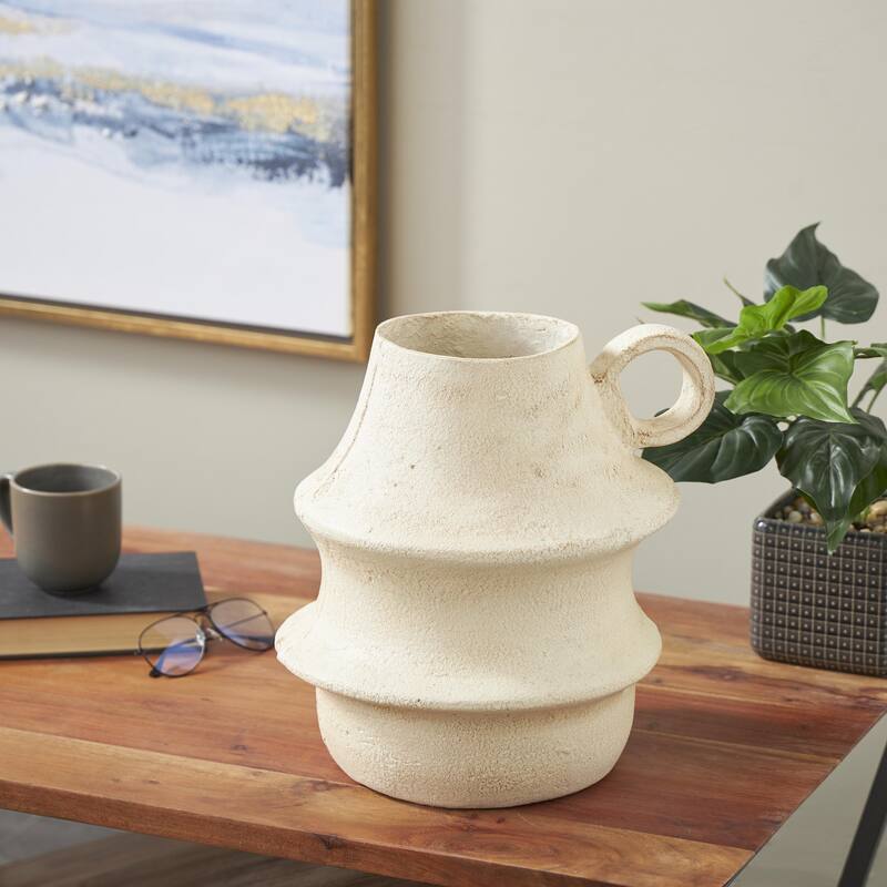 Cream Paper Mache Fluted Decorative Vase with Brown Distressed Texturing and Ring Handle