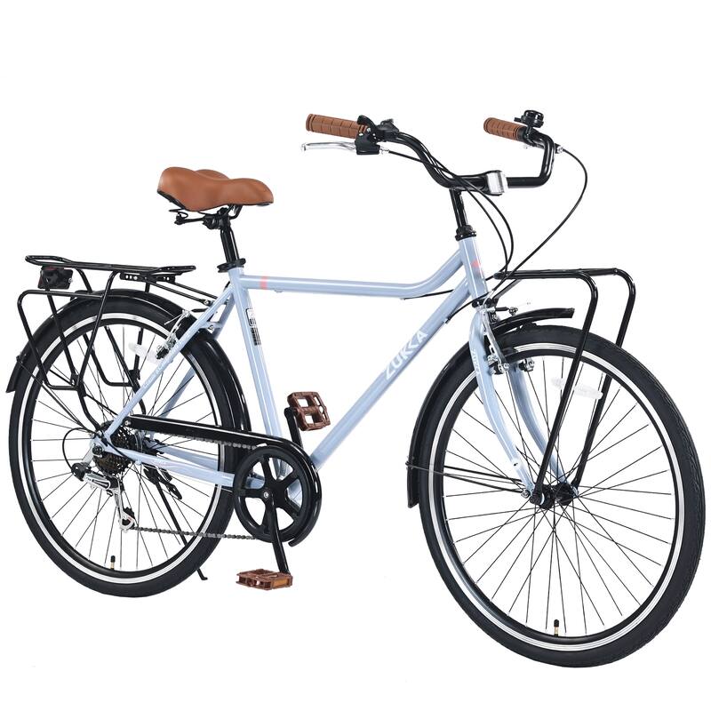 26 Inch Commuting Bike, Shimano 7 Speed Road Cycling Bike with Dual Disc Brakes, Steel Frame for Teens, 16 Years and Up - Light Blue
