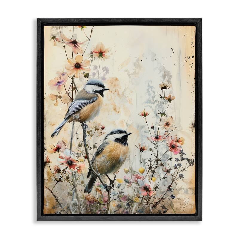 Stupell Sparrows Perched on Florals Framed Floater Canvas Wall Art Design By Arlington Prints - 25 x 31 - Black