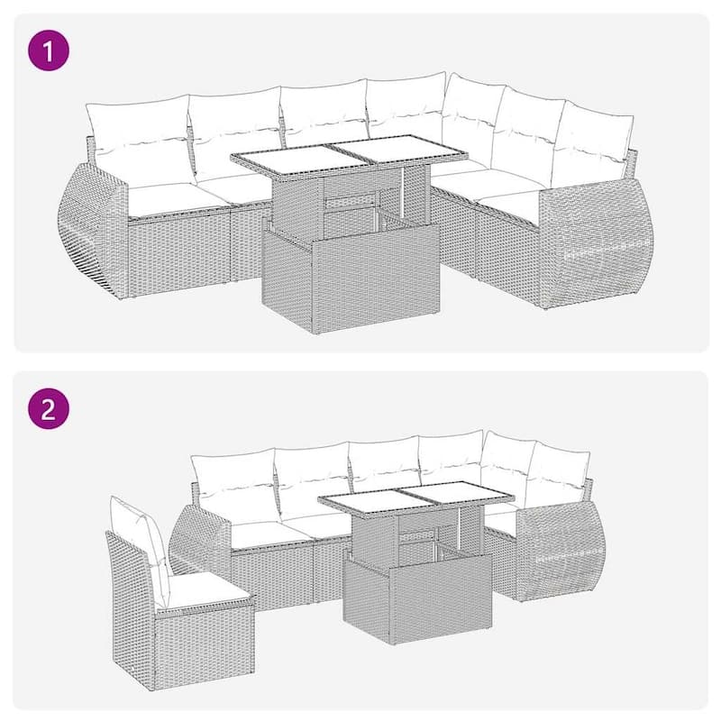 vidaXL 7 Piece Patio Sofa Set with Cushions Black/Brown/Gray Poly Rattan - 24.4 x 24.4 x 27.2