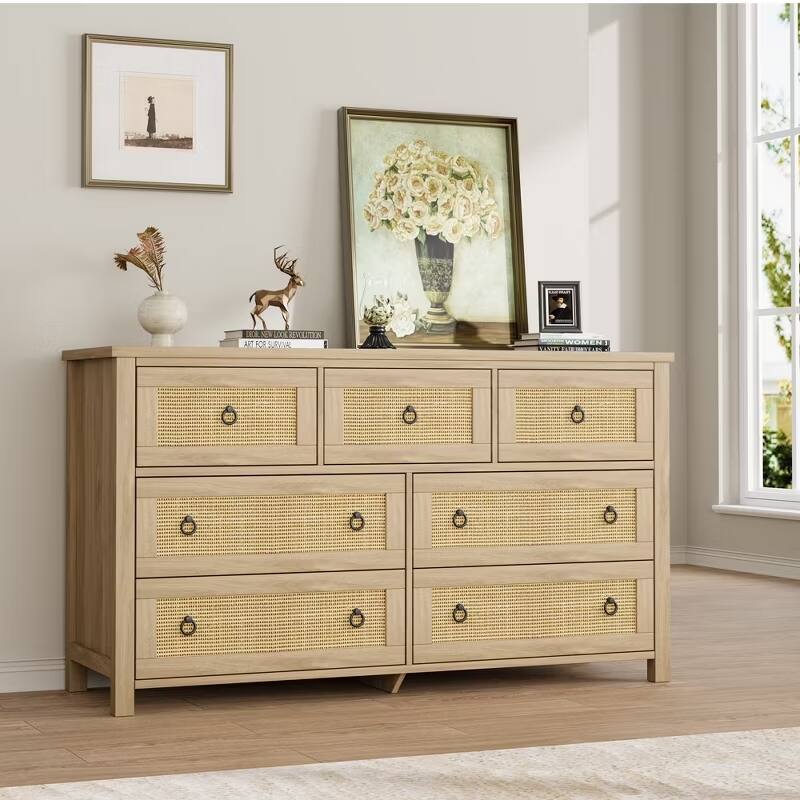 3/6/7 Drawer Rattan Dresser for Bedroom, Tall Freestanding Boho Chest of Drawers - 7-drawer