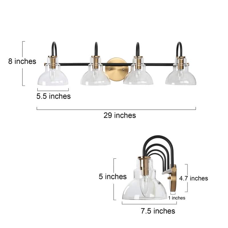 Modern Linear 4-Light Black Gold Bathroom Vanity Light Glass Wall Sconces - 29" L x 7.5" W x 8" H