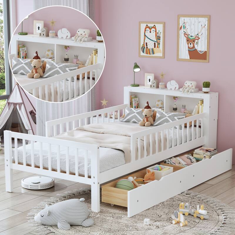 Twin Size Storage Bed with Bookcase Headboard, 2 Under-Bed Drawers, and Guardrails