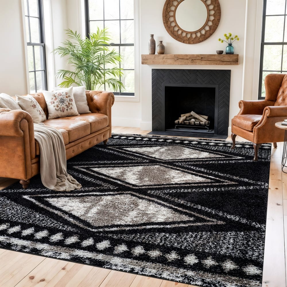 World Rug Gallery Geometric Grid Shag Area Rug – Dark Gray